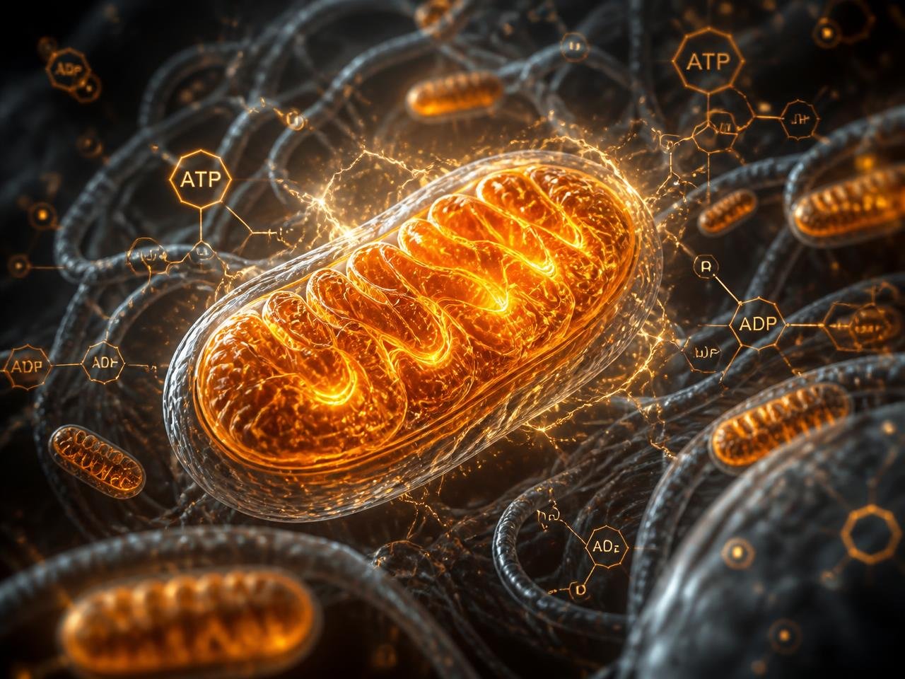 Ilustração científica de mitocôndria produzindo energia celular com moléculas de ATP