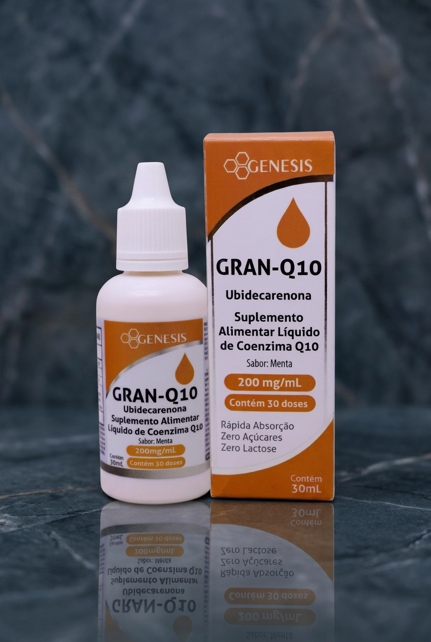 Caixa e frasco conta-gotas do suplemento Gran-Q10, Coenzima Q10 sabor menta com 30 mL