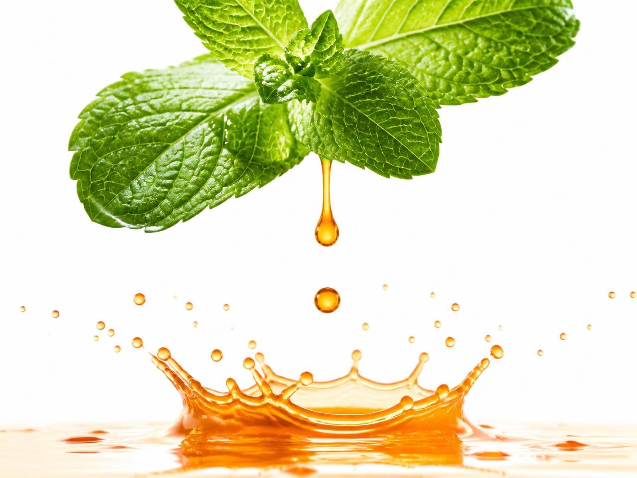 Folhas de menta com gota alaranjada de Coenzima Q10 líquida caindo